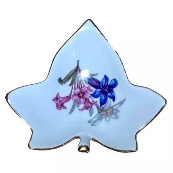 Tea Bag Holder Spoon Rest Blue Pink Flowers Gold Trim Floral Design Leaf Shape - Picture 1 of 6